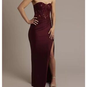 David's Bridal Red Embellished Strapless Gown